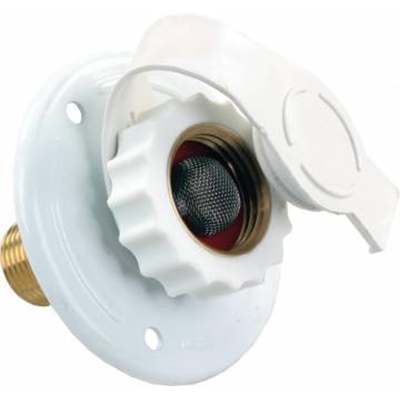 JR Fresh Water Inlet 62165 Used For RV Fresh Water System; Flange Type; 1-1/2 Inch Diameter; 2-7/8 Inch Diameter x 1-5/8 Inch Valve Depth; Lead Free Brass Check Valve; White; With Rubber Dust Cap