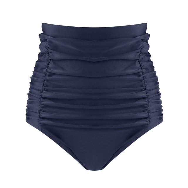 RELLECIGA Women's High Waisted Ruched Bikini Bottom in a solid dark navy colour. This retro-style swim bottom features a high waist with front shirring for a slimming effect and moderate tummy control. Made from highly elastic polyamide fabric, it offers full coverage on the back and a comfortable fit. Ideal for pairing with various bikini tops for beach or poolside wear.