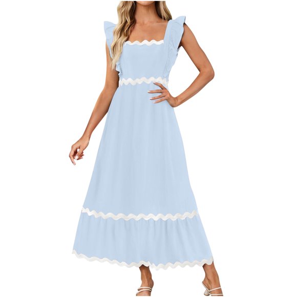 50% off Clear! Tea Length Loose Dress for Women Clearance Dot Print Vacation Ruffle Swing Hem Short Sleeve Clothing Summer Beach V Neck Sundress Retro Boho