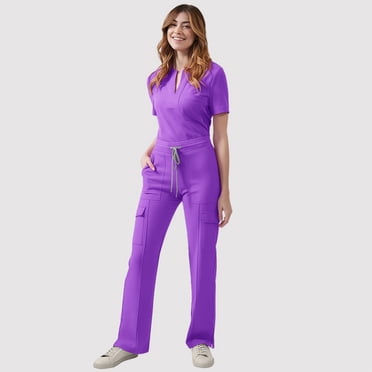 Amzcrzy Ensemble de Sarraus pour Femmes Col en V Manches Courtes Hauts de Sarrau pour Femmes et Pantalon de Sarrau à Taille Élastique avec Cordon pour Femmes Décontracté Confortable Couleur Unie Tenue de Travail avec Poches TG