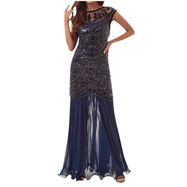 Mrat Wedding Guest Dresses Mode Femmes Confortable Décontracté Assemblé Gaze à Paillettes Manches Courtes Col Rond Robe Longueur Cheville Grande Taille Robes P-715 Bleu TG