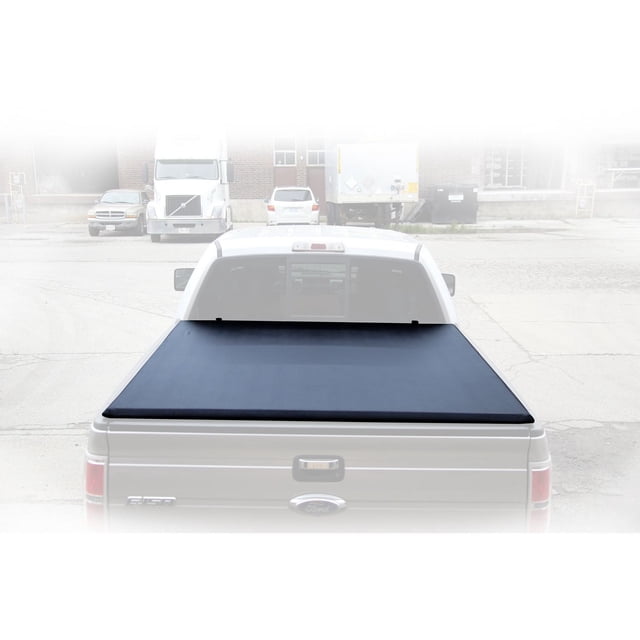 Pangolin Soft Folding Tonneau Cover on a silver Ford F-150 8-foot box truck, shown from the rear with the black military-grade vinyl cover closed, designed for easy operation, weather protection, and improved fuel economy by enhancing aerodynamics.