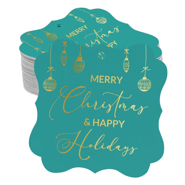 Inkdotpot Merry Christmas & Happy Text Bottle Tag Real Gold Foil Favor Bracket Shape Hang Tags Pack Of 50