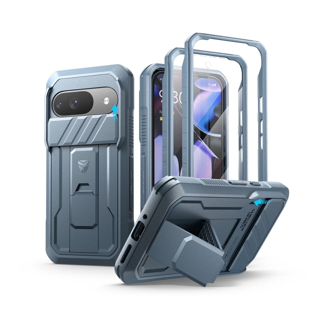 Dexnor for Google Pixel 9 case in blue with a rugged full-body design, featuring a slide camera cover, built-in PET screen protector, and heavy-duty kickstand. Offers dual front frame options and military-grade shockproof protection with TPU bumpers and a PC back, ideal for outdoor adventures. Designed for Pixel 9 2024.