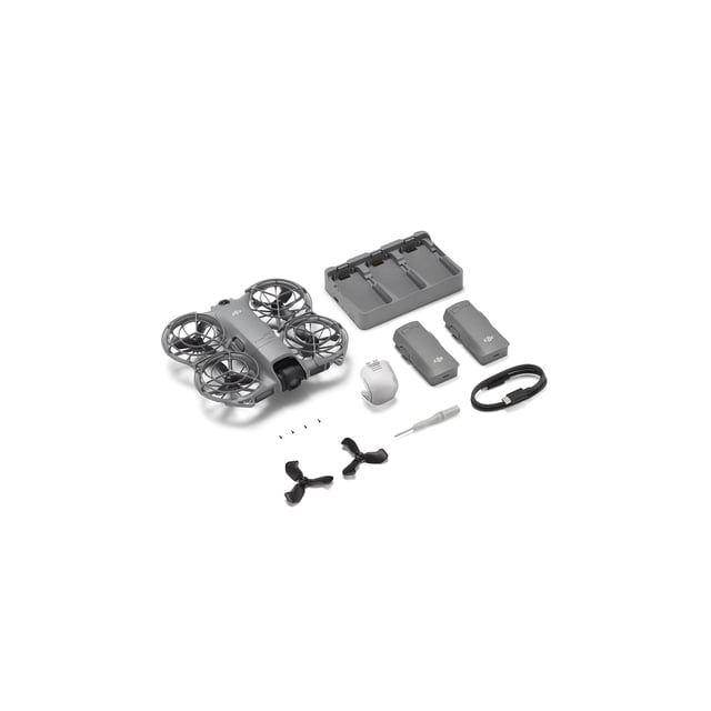 DJI Neo 2 Fly More Combo (Drone Only) with a compact grey drone featuring full-coverage propeller guards and front camera, two DJI batteries, triple battery charging hub, white wrist strap, USB-C cable, screwdriver, replacement propellers, and screws on a white background, ideal for portable aerial photography with omnidirectional obstacle sensing.