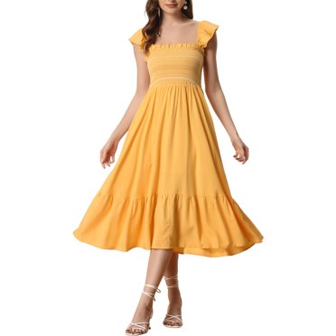 INSPIRE CHIC Women's Sundress Square Neck Ruffle Tiered Boho Midi Dress XL Yellow