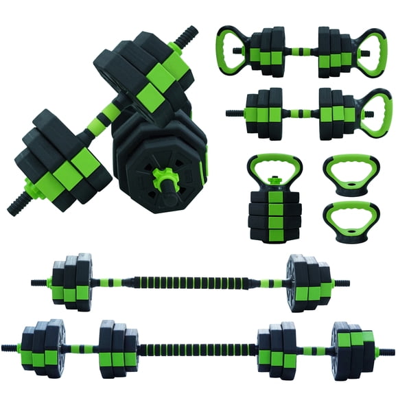 44 66 88 lbs 4 in 1 Adjustable Dumbbell Set Convertible to Barbell Kettlebell Push Up Stand, Space Saving Home Gym Free Weights with Non Slip Grip, Green Black