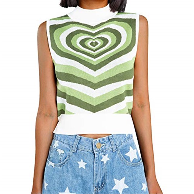 Women's Print Knitted Sleeveless Crop Tank Tops Y2K Color Block Vest