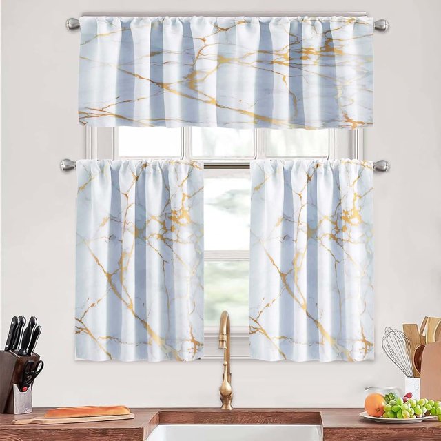Luxury Gold Marble Kitchen Curtains Tiers and Valances Set 3 Piece for Windows White Background Kitchen Window Curtains Set,Modern Vintage Style Valances for Living Room(36" Tiers Set)