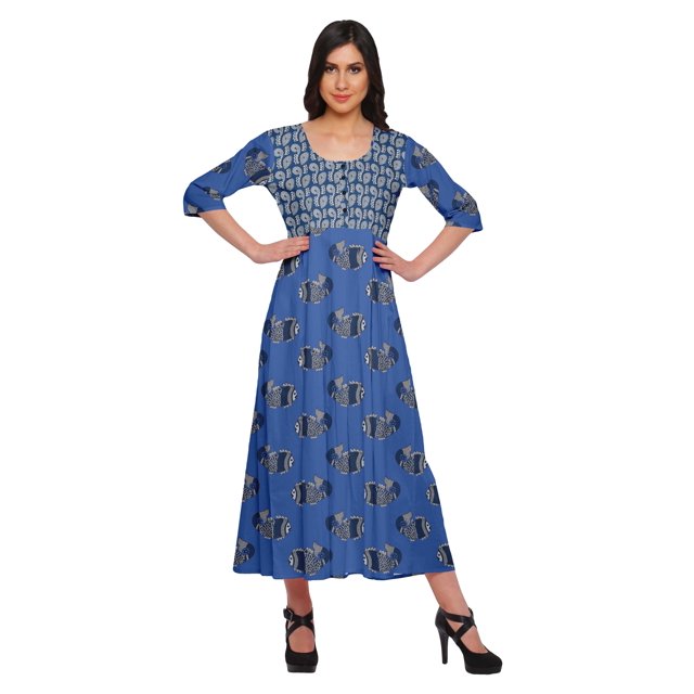 Moomaya Robes Tuniques Ligne A pour Femmes Manches 3/4 Kurti Imprimé Tenue d'Été