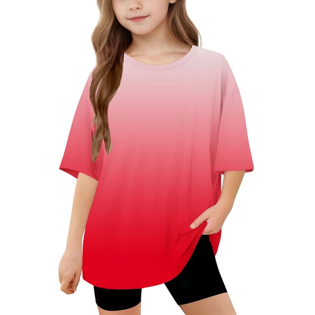 DecSea Girls Short Sleeve T shirt Kids Summer Oversized Gradient Crew Neck Tops Casual Basic Tee 5-14Years