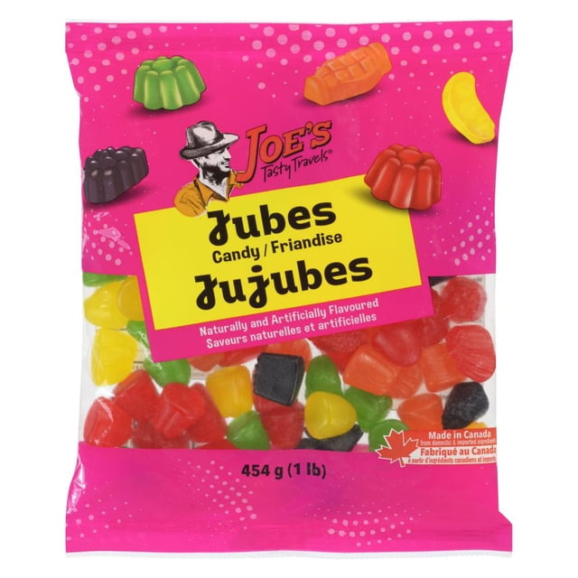 JOE'S TASTY TRAVEL JUBES REG 454G bag containing assorted soft, chewy jujube candies in red, green, yellow, orange, and black, with a pink and yellow package featuring bilingual English and French text and a Made in Canada label.