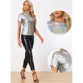 thumbnail image 2 of INSPIRE CHIC Women's Party Metallic Textured Short Sleeve Shiny Multi Color Top, 2 of 6
