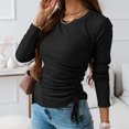 thumbnail image 2 of Pompotops Women's Solid Long Sleeve O-neck Tops Pullover Split Shirt Drawstring Blouse, 2 of 9