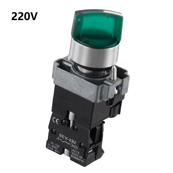 Interrupteur Rotatif à Bouton 22 mm 220 V avec Indicateur DEL Vert, Sélecteur Auto-Bloquant Marche/arrêt, Contact Argenté Série 10A XB2 pour Circuits de Commande Électriques Industriels (Vert)