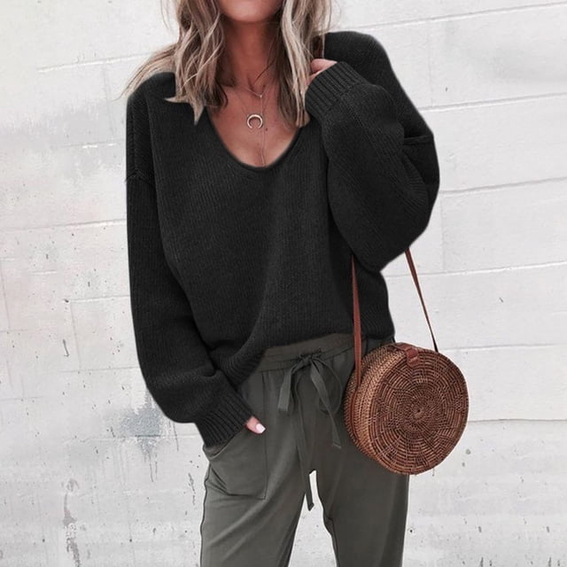 RKSTN Sweaters for Women Fashion V-neck Loose Pullover Color Long Sleeves Sweater Tops Fall Sweaters