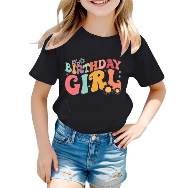 LUOGENLI T-Shirt pour Filles Filles Mode Décontractée Lettre Col Rond T-Shirt à Manches Courtes Haut 5 Chemises pour Filles Longueur Genou Noir 6-7 Ans