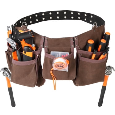 VEVOR 13 Pockets Tool Belt, Adjusts from 29 Inches to 54 Inches, Leather Heavy Duty Tool Pouch Bag with Dual Hammer Loops, Tool Bag for Electrician, Carpenter, Handyman, Construction, Framer, Brown