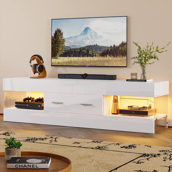 Bestier Meuble Télé Blanc Laqué Brillant pour Téléviseur jusqu'à 65 Pouces, Centre de Divertissement Moderne avec Tiroirs de Rangement, Blanc