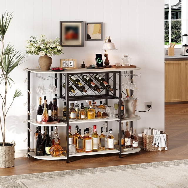 Kojooin Wine Bar Rack Cabinet with LED Lights and Power Outlet, Mini Home Bar with Storage and Glass Holder