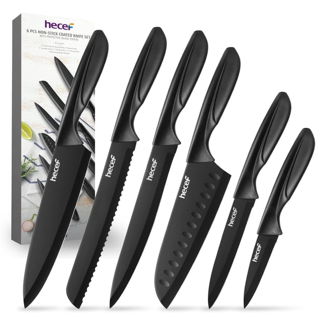 Hecef 6-Piece Stainless Steel Chef Cooking Knife Set with Blade Sheaths, featuring black non-stick coated, rust-resistant, and corrosion-resistant blades. Includes 8” chef knife, 8” bread knife, 8” santoku knife, 8” slicing knife, 5” utility knife, and 3.5” paring knife. Designed for slicing, dicing, and mincing meat, vegetables, and fruits. Comes with matching blade sheaths for safe storage and transportation.