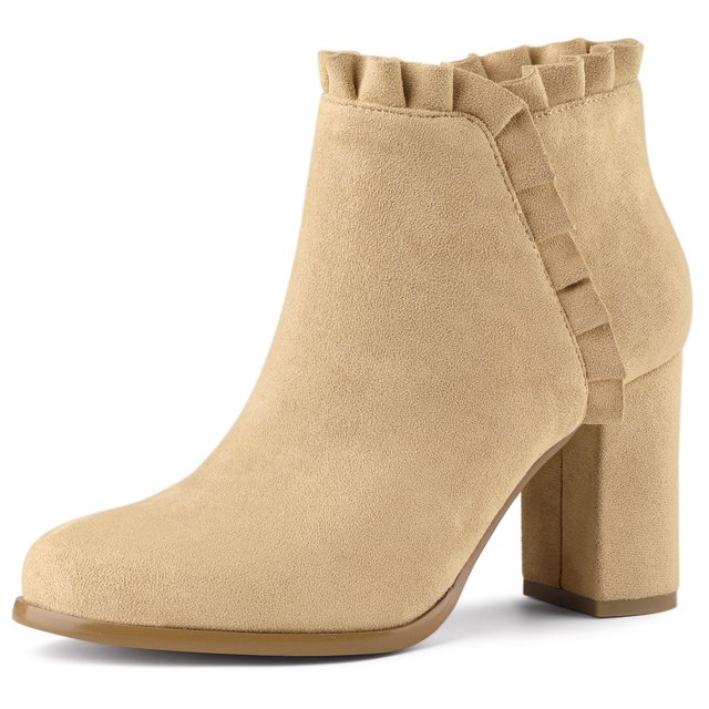 Unique Bargains Women's Ruffle Chunky Heel Ankle Boots