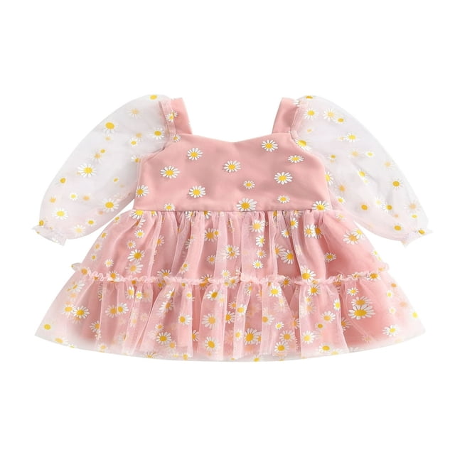 Robe Trapèze pour Bébé Fille, Imprimé Marguerites, Manches Longues, Tulle en Maille, Robe de Fête