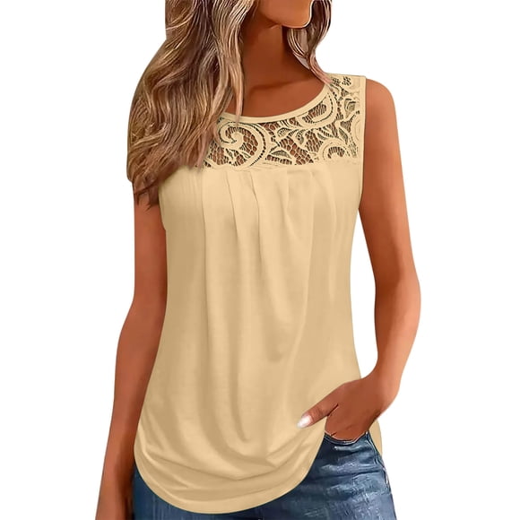 Xdegoge Camisoles pour Femmes Grande Taille Été Boho en Dentelle Crochet Col Ras du Cou Chemises Coupe Ample Tuniques Plissées Encolure Dégagée Camisoles d'Été Col Ras du Cou Sans Manches Hauts en Dentelle Ourlet Arrondi Fluide Soldes de Liquidation