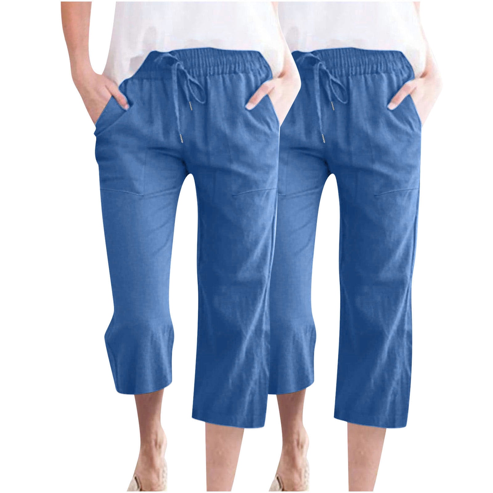 Timegard 2pc Capri Pants for Women Cotton Linen Elastic Waist Loose Lounge Crop Pants Pockets Solid Color