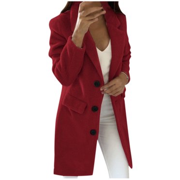 IROINID Manteau Trench Mi-Long pour Femme à Revers Cranté, Couleur Unie, Manches Longues, Manteau Chaud, Manteau d'Hiver, Rouge