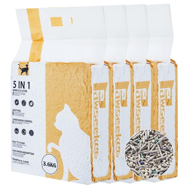Pawsayes Cat Litter Mixed Tofu Flushable Dust Free Clumping Kitty 5 in 1 Formulas Quick Clumping Ultra Absorbent Superior Odor Control Low Tracking Cat Litter (3.6kg x 4 Bags)