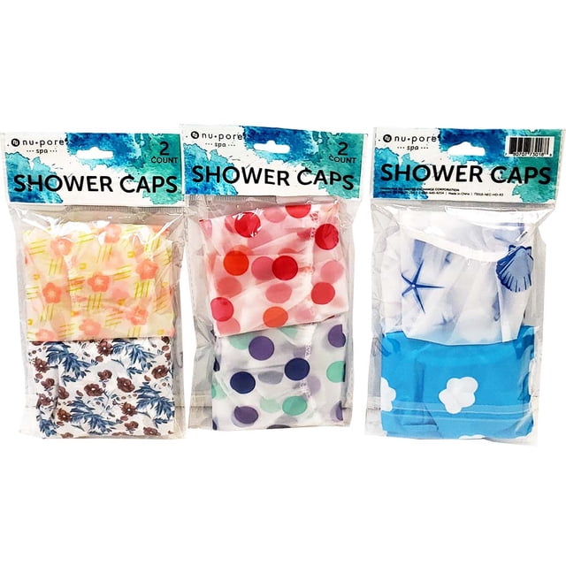 Nu-Pore Spa 2 Ct/paquet Nu-Pore Spa Capuchons de Douche en Motifs Imprimés Assortis, Emballés en Plastique Transparent. Chaque Paquet Contient Deux Capuchons de Douche Jetables en Plastique de Couleurs et Motifs Aléatoires, Tels Que Floraux, à Pois et à Thème Nautique. Conçus comme une Taille Unique, Ces Capuchons Polyvalents Conviennent à la Douche, à la Cuisine, aux Projets d'Art et à l'Entretien Ménager.
