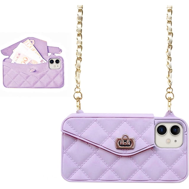 Wallet Case Compatible with iPhone, Pretty Luxury Bag Design, Purse Flip Card Pouch Cover Soft Silicone Case with Hand Holder Long Shoulder Strap(Purple,iPhone 12)