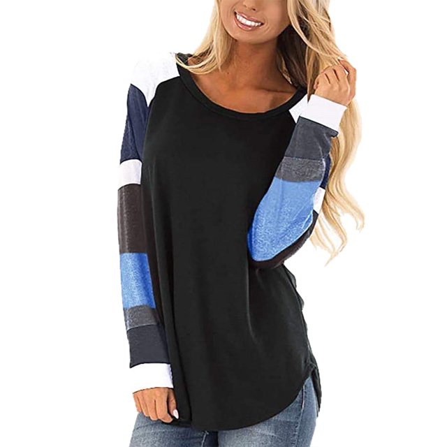 Pompotops Haut Décontracté à Manches Rayées Patchwork pour Femmes T-Shirt Ample à Manches Longues Blouse
