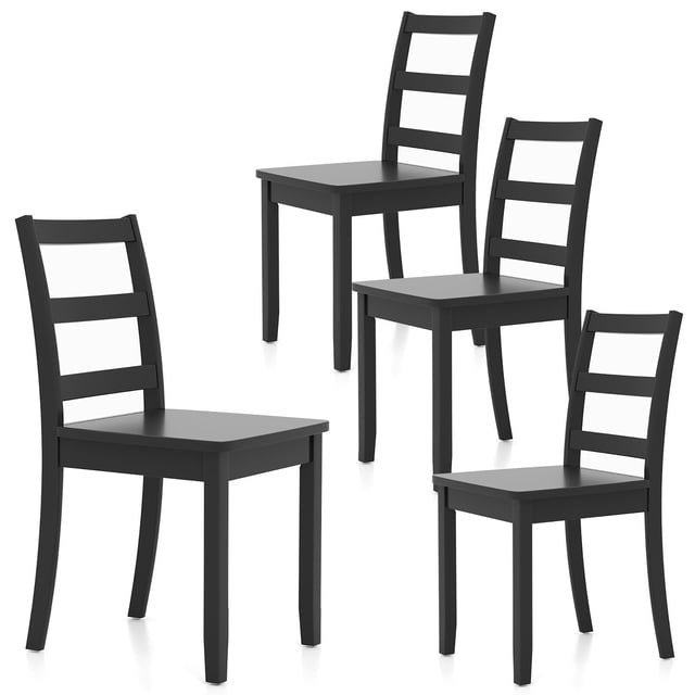 Gymax Set of 4 Dining Chairs featuring a ladder back design and armless structure, crafted with solid rubber wood legs and MDF material. These black chairs have a wide seat for comfort and non-slip foot pads for floor protection. Ideal for dining rooms, living rooms, or cafes, each chair measures 16 inches by 16 inches by 33.5 inches and supports up to 400 lbs.