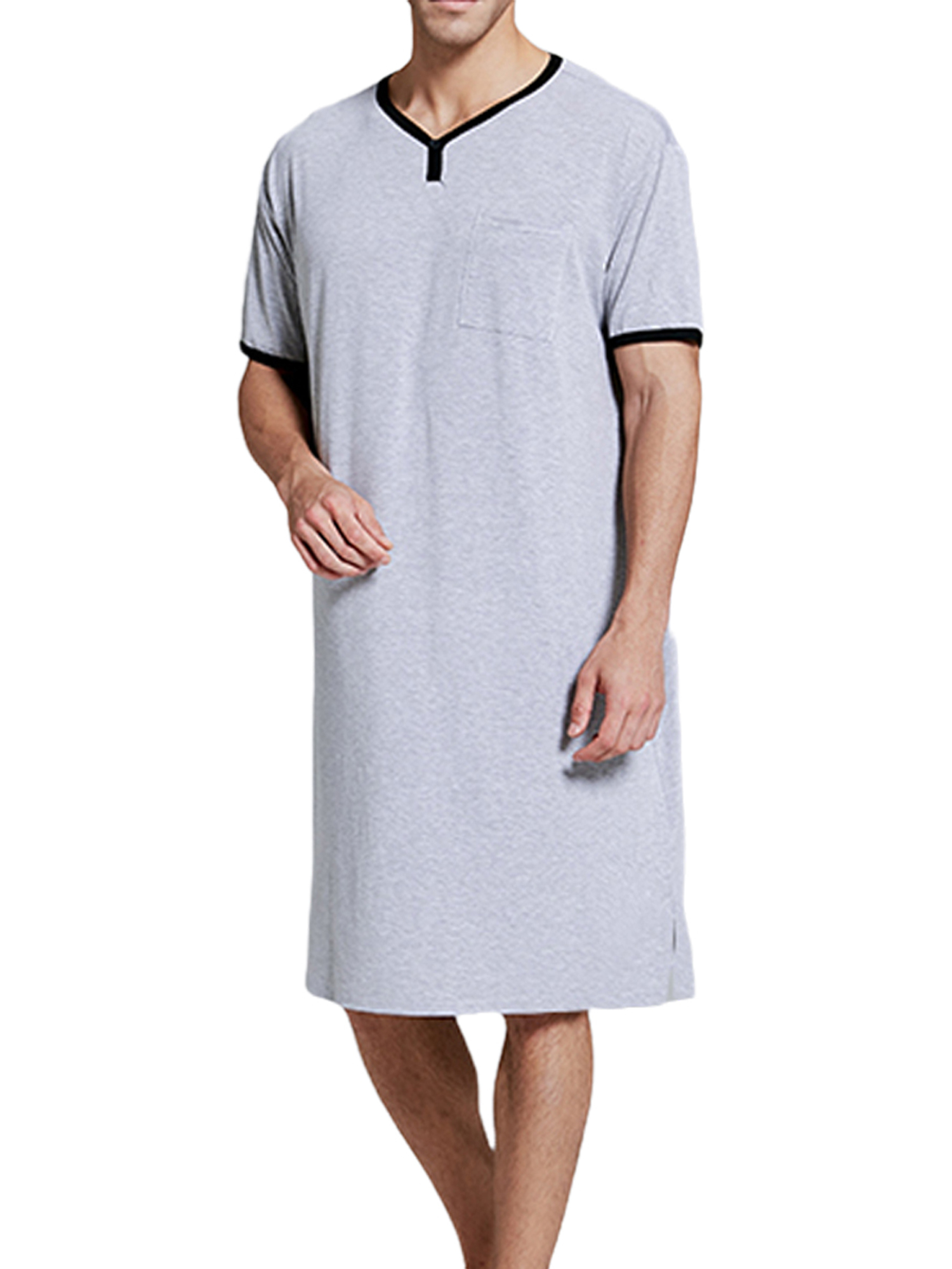 Men V-neck Long Sleeping Shirt, Solid Color Short Sleeve Split Hem Sleepwear