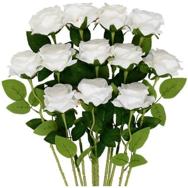 Mocoosy 12 Pcs Rose Artificial Flowers, Realistic Blossom White Fake Roses with Stems, Single Silk Rose Flower Bouquet for Wedding Centerpieces Arrangement Bridal Shower Party Home Table Decorations