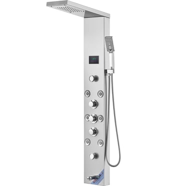 KFFKFF Shower Panel System, Six Bathing Options,LED & Screen Hydroelectric Shower Panel Tower,Rain Shower, Cascade,8 Jet Massagers,Bath Faucet,Detachable Shower, Stainless Steel Wall-Fixed Bath Set