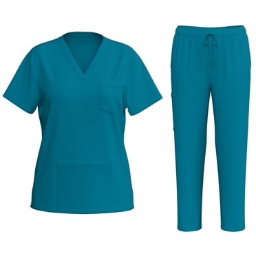 Ktyne Blue Scrubs for Women Set Stretchy Nurse Uniform Short Sleeve V Neck Scrub Top & Yoga Jogger Pants Solid Color Medical Scrub Sets with Multi Pockets Light Blue L