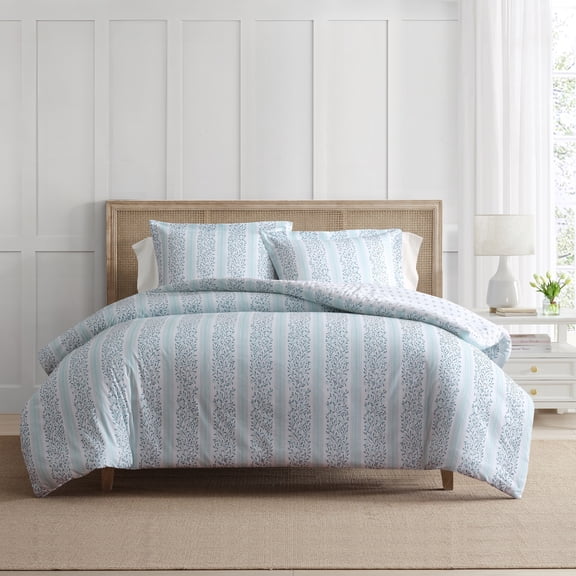 Martha Stewart Everyday 3-Piece Reversible Bedford Blues Cotton Duvet Cover Set, King
