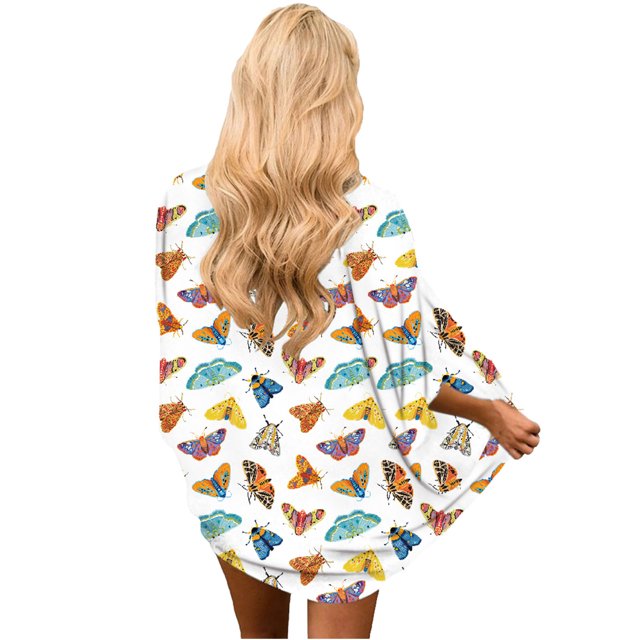 Fridja Womens Middle Sleeve Print Chiffon Cardigan Beach Loose Easy Tops