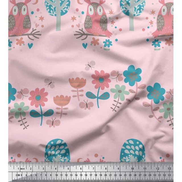 Soimoi Modal Satin Fabric Floral,Tree & Owl Kids Decor Fabric Printed Yard 42 Inch Wide
