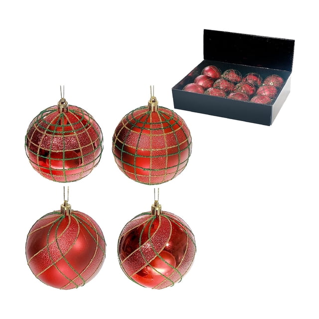 Ornement Rouge Avec Lignes (Assortiment) (12/Disp) - Lot De 12