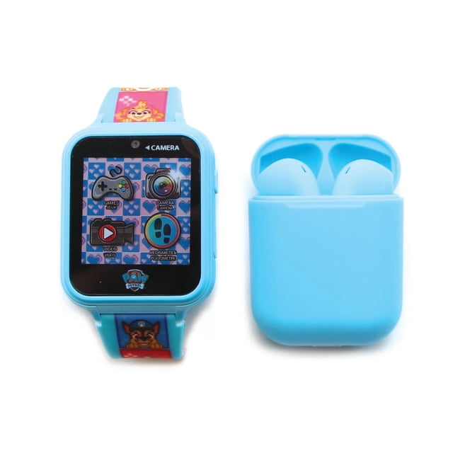Paw Patrol Touch Screen Interactive Watch with Bonus Earbuds in blue plastic, featuring a square digital touchscreen with icons for camera, games, video, and pedometer, paired with matching blue wireless earbuds in a charging case, ideal as a multifunctional smartwatch for children aged 6 and up.