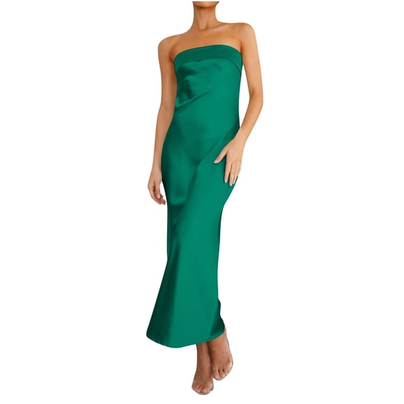 Holiday Saving! HVOBTTY Women's Sleeveless Party Dress, Women's Temperament Satin Hollow Backless Tube Dress Green, L