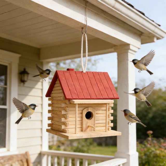 Wooden Bird House with Graffiti Design, Durable Wooden Bird Feeder for Parrots Breeding, Outdoor Courtyard Shelter with Hanging Rope in Multiple Colors, Red