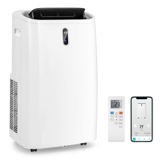 Gymax Climatiseur Portable 14000 BTU Contrôlé par Application Intelligente Wi‐Fi et Télécommande, Conçu pour des Espaces jusqu'à 700 Pi2. Doté d'Un Boîtier compact Blanc avec Évents, Roulettes et Affichage Numérique. Comprend une Télécommande et une interface d'Application pour Téléphone Intelligent pour une Utilisation Facile. Idéal pour les modes Refroidissement, Chauffage, Déshumidification et Ventilateur.