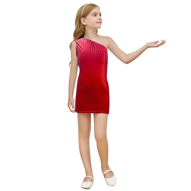 Wdgfv Robe à Paillettes pour Filles, Robe Moulante de Fête, Sans Manches, Robe de Danse Scintillante pour Anniversaire, Rouge, 7-8 Ans