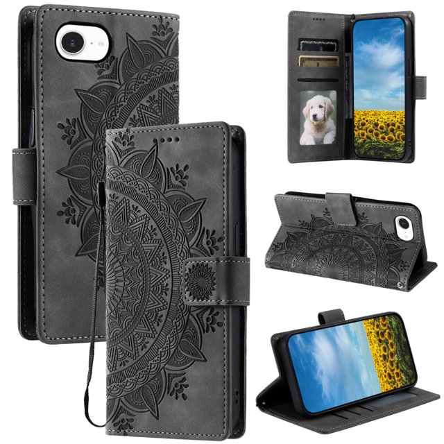 Flip Case for iPhone 16e , Totem Embossed Flowers Premium PU Leather Wallet Folio Cover with Card Holder Kickstand Compatible with iPhone 16e - Gray