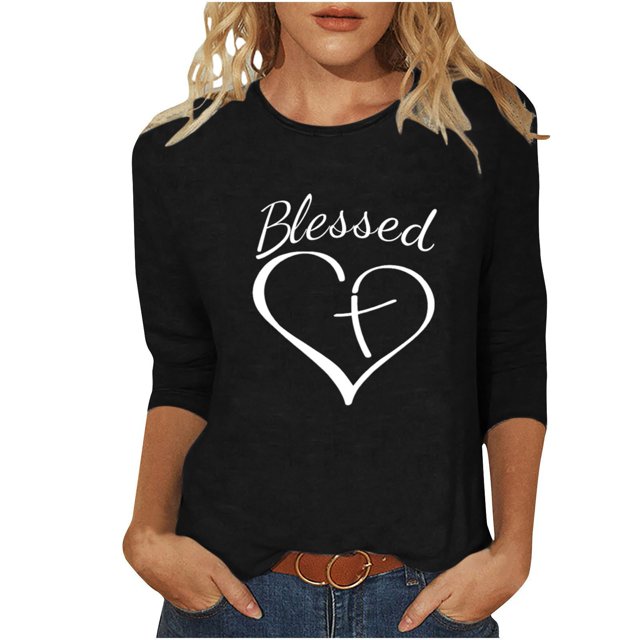 Penkiiy Hauts à Manches 3/4 Imprimés Cœur pour Femmes Col Rond Tunique de la Saint-Valentin Tee-Shirts Blouse S Noir